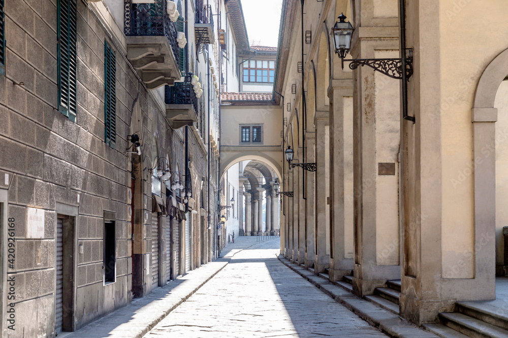 View down an empty street in Florence, Italy during the Corona virus crisis.