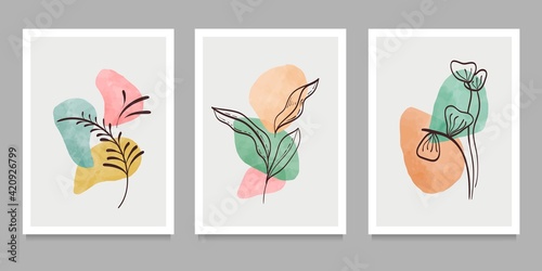 Botanical wall art on set. Abstract geometric elements, shapes and plant art for print, cover, wallpaper . Vector illustration © gina