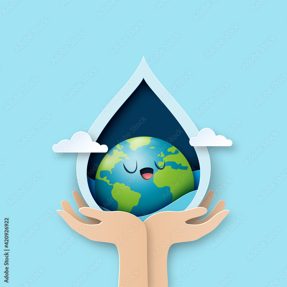 World water day.Hand holding earth in water drop.Paper art of save ...