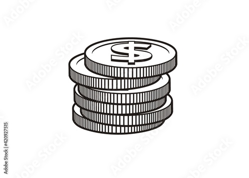 Dollar coin stack. Simple illustration in black and white with outline style.