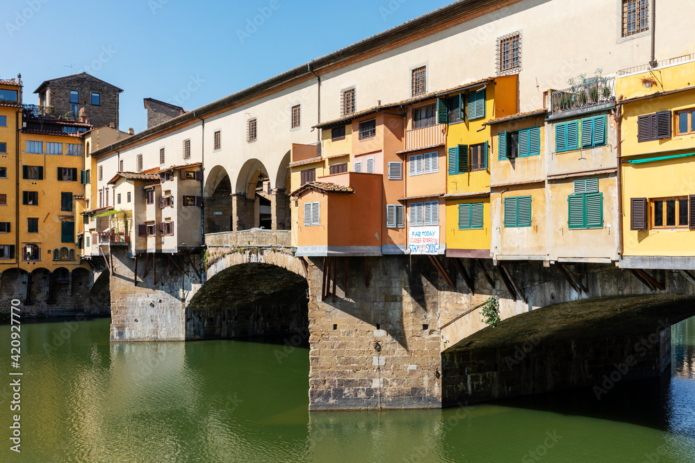 View of empty Ponte Vecchio River Arno in Florence, Italy during the Corona virus crisis. View of empty Ponte Vecchio River Arno in Florence, Italy during the Corona virus crisis.