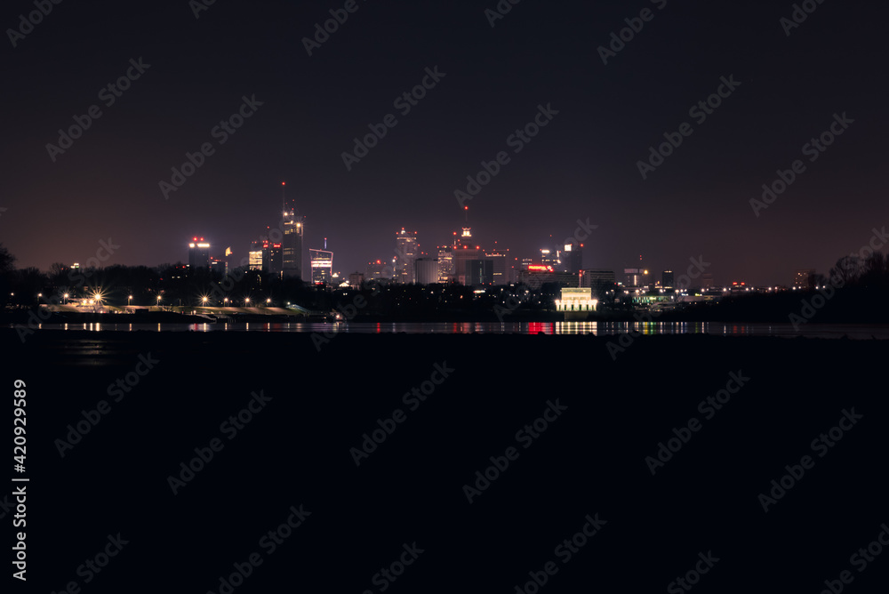 Night panorama of the city of Warsaw, Poland