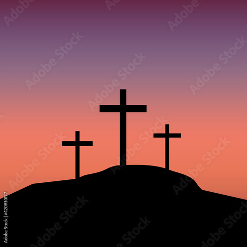 Calvary three crosses, great design for any purposes. Crucifixion against the background of sunset. Stock image. EPS 10.