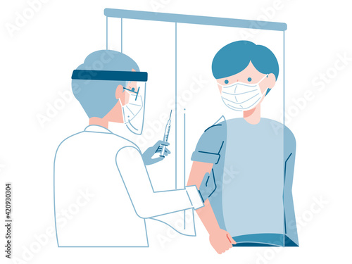 ワクチンを打つ医者と男性のイラスト