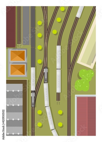Train station. Railway yard. Top view. Simple illustration.