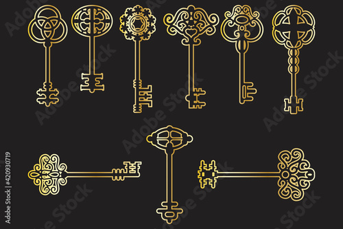 Golden keys on black background. Luxury vector illustration. Vintage icon for decorative design. Stock image. EPS 10.