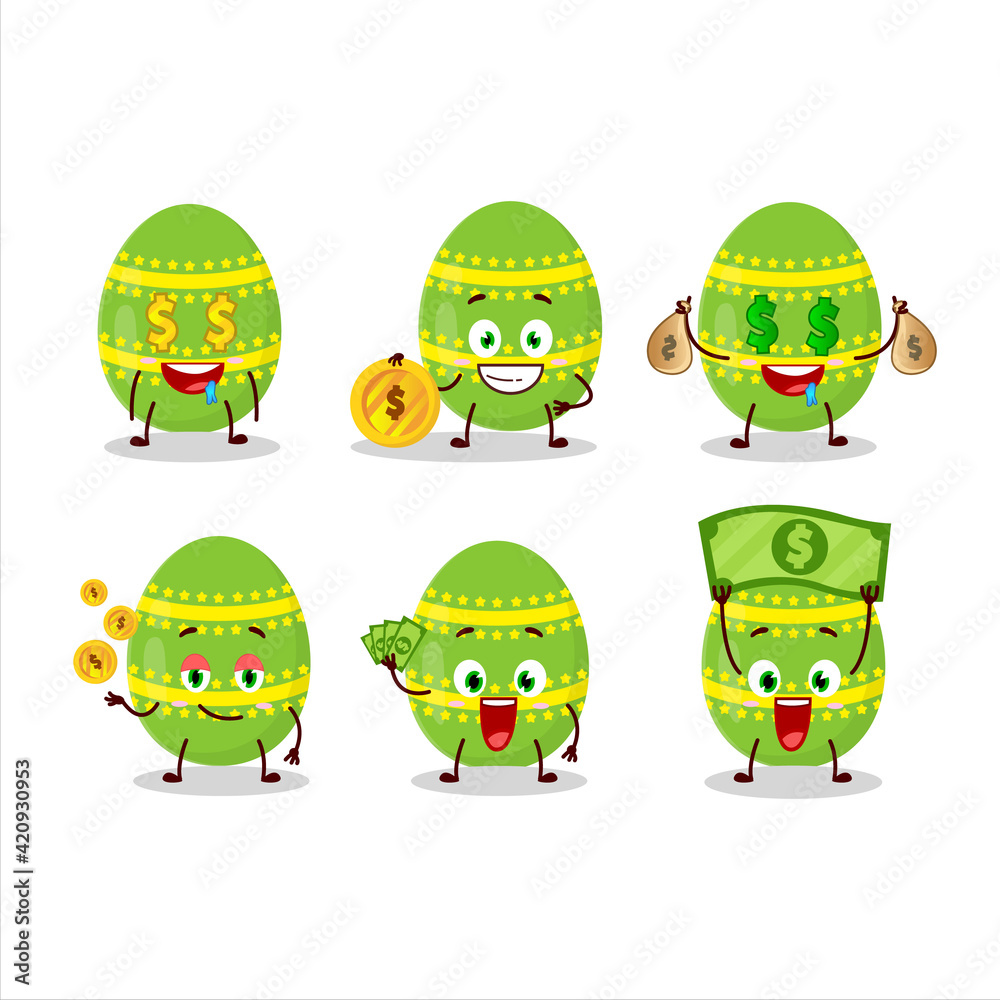 Light green easter egg cartoon character with cute emoticon bring money Light green easter egg cartoon character with cute emoticon bring money