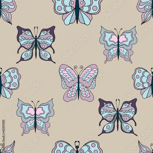 Beautiful butterflies. Seamless pattern. Pastel colors. Collection of isolated flat cartoon vector illustrations.