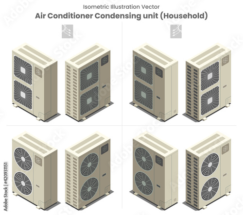 Isometric vector as flat design of household air conditioner or condensing unit as all side and shadow installation outside house or balcony residential equipment