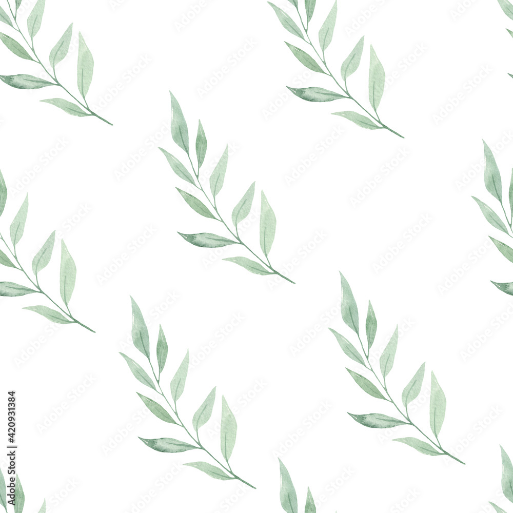 Watercolor seamless pattern with gently green leaf branches on a white background