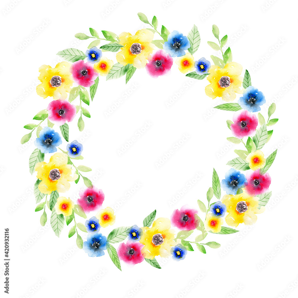 watercolor wreath with colorful flowers and leaves isolated on white background