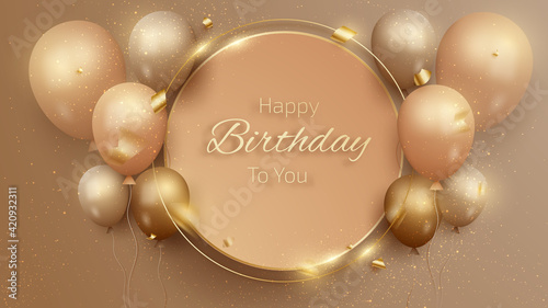 Happy birthday card with luxury balloons and ribbon. 3d realistic style. vector illustration for design.