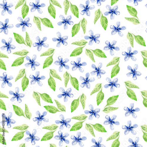 watercolor pattern with blue flowers and green leaves on a white background