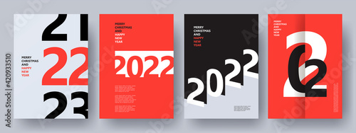 Creative concept of 2022 Happy New Year posters set. Design templates with typography logo 2022 for celebration and season decoration. Minimalistic trendy backgrounds for branding, banner, cover, card