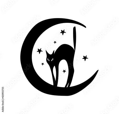 Silhouette of a black cat and a crescent moon, boho tattoo for a witch, fabulous illustration for Halloween. Bohemian symbol of witchcraft. Simple flat vector illustration isolated on white background