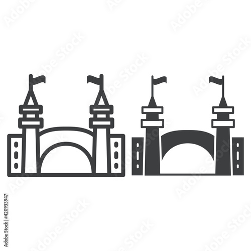 Fényképezés Gate to amusement park line and solid icon, The rides concept, Castle silhouette sign on white background, Amusement park entrance icon in outline style for mobile and web design