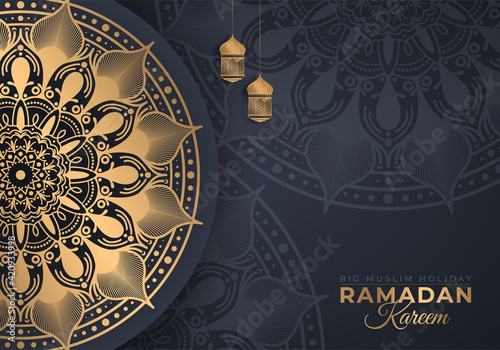 Ramadan Kareem in luxury style with golden mandala on dark background for Ramadan Mubarak