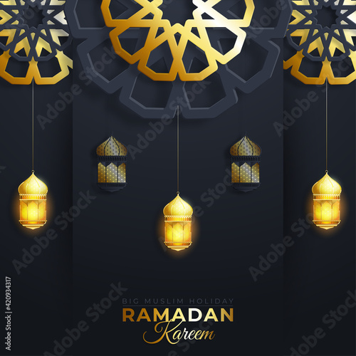 Ramadan Mubarak holiday design. 3d paper cut flower decorated traditional islamic pattern with shiny hanging lanterns, golden greeting text, black background. Vector illustration.