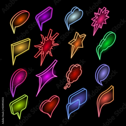 Set of multicolored neon speech bubbles