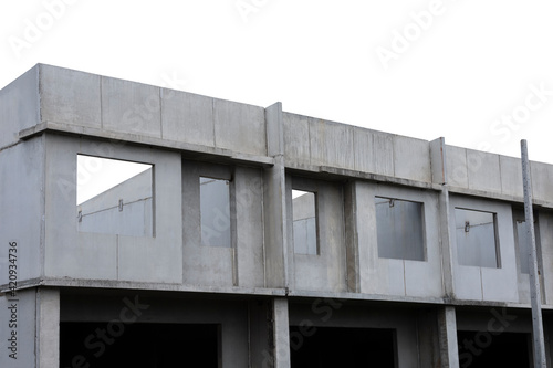 Precast concrete walls on building structures with clipping, Precast concrete manufactory product for construction industrial, Concrete wall panel, Building construction.