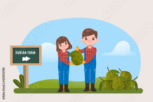 Agriculturist character with durian fruit in the farm.