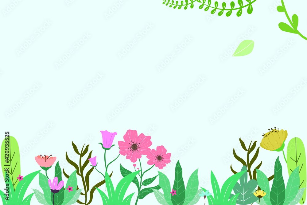 Vector illustration with flowers and leaves background on colorful background. Stylewith copy space for text.