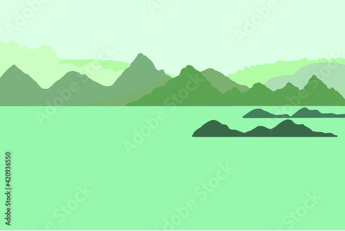 Vector design background on greenish color that capture the natural beauty of mountains surrounded by water — whether lakes or rivers.