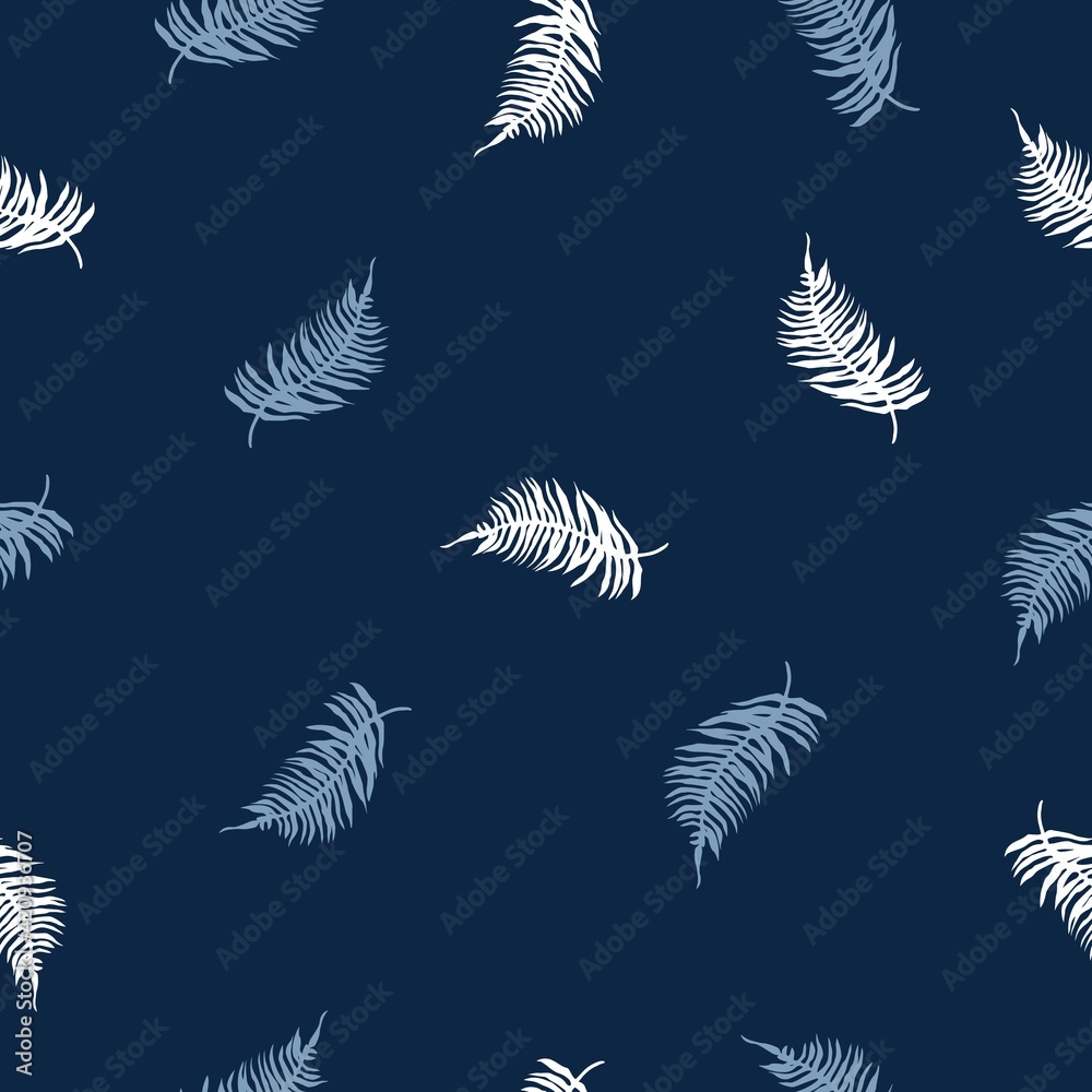 Seamless pattern of Tropical Fern leaves on dark blue. Beautiful print with exotic plants. Botanical design of fabrics, wallpapers for natural cosmetics, perfumes, women's products. Seamless pattern of Tropical Fern leaves on dark blue. Beautiful print with exotic plants. Botanical design of fabrics, wallpapers for natural cosmetics, perfumes, women's products.