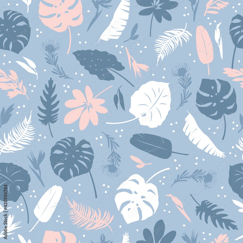 Vector seamless patterns of tropical leaves, plants, flowers on blue and pink. Beautiful print with exotic plants. Botanical design of fabrics, wallpapers, natural cosmetics, perfumes Vector seamless patterns of tropical leaves, plants, flowers on blue and pink. Beautiful print with exotic plants. Botanical design of fabrics, wallpapers, natural cosmetics, perfumes