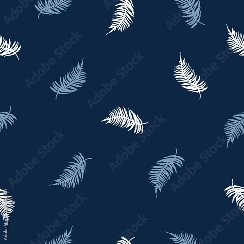 Seamless pattern of Tropical Fern leaves on dark blue. Beautiful print with exotic plants. Botanical design of fabrics, wallpapers for natural cosmetics, perfumes, women's products.