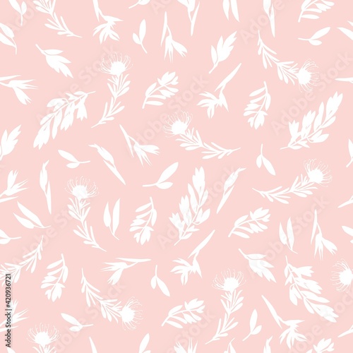 Pink seamless pattern with small plants. Botanical design of fabrics, wallpapers, natural cosmetics, perfumes, wrappers. Background with delicate white flowers and plants. Vector illustration, flat