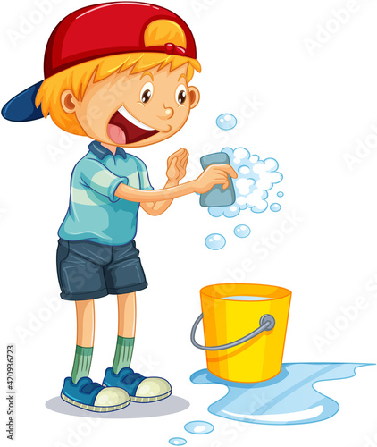 A boy holding sponge washing and water bucket cartoon character on white background