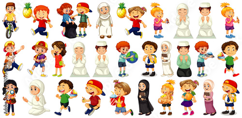 Children doing different activities cartoon character set on white background