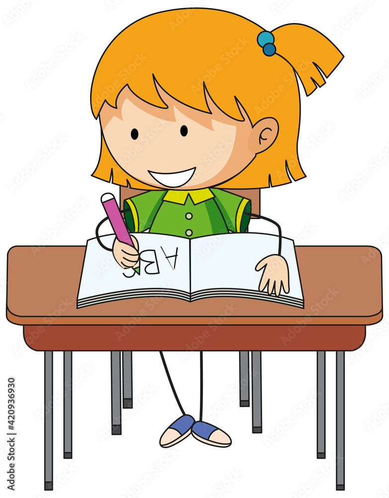 A girl doing homework doodle cartoon character A girl doing homework doodle cartoon character