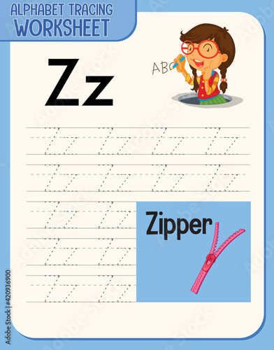 Alphabet tracing worksheet with letter and vocabulary