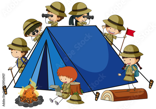 Camping tent with many kids cartoon character isolated