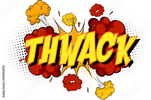 Word Thwack on comic cloud explosion background