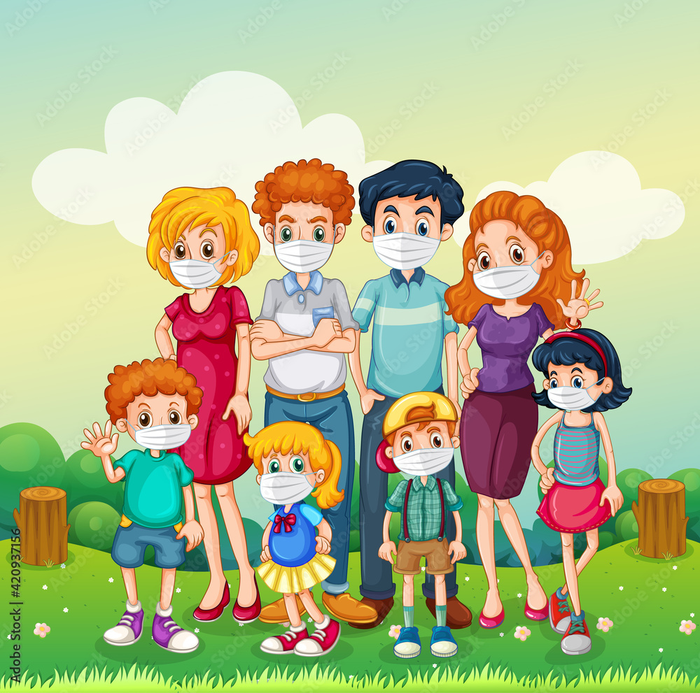 Outdoor scene with family wearing mask for prevent coronavirus Outdoor scene with family wearing mask for prevent coronavirus