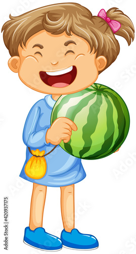 Happy girl cartoon character holding a watermelon