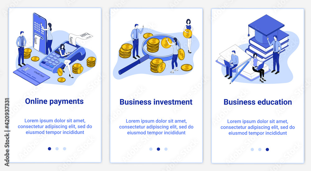 A set of UI and UX interfaces for smartphone screens.Features of adaptive design.Topic Online payments and business education.Flat vector illustration. A set of UI and UX interfaces for smartphone screens.Features of adaptive design.Topic Online payments and business education.Flat vector illustration.