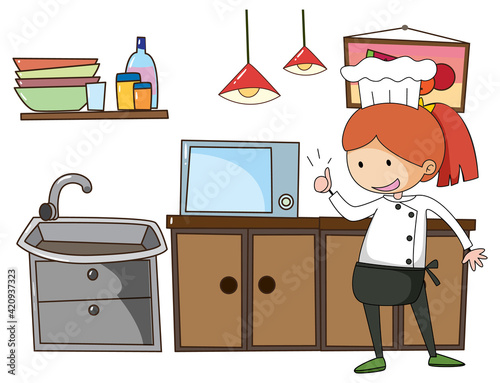 Little chef with kitchen equipments on white background