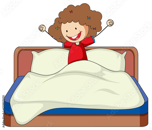 Little girl just wake up on bed doodle cartoon character