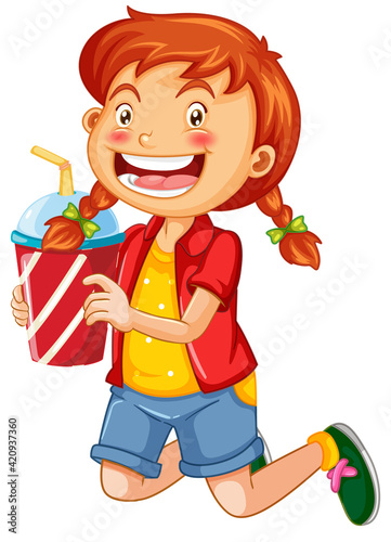 Happy girl cartoon character holding a drink plastic cup