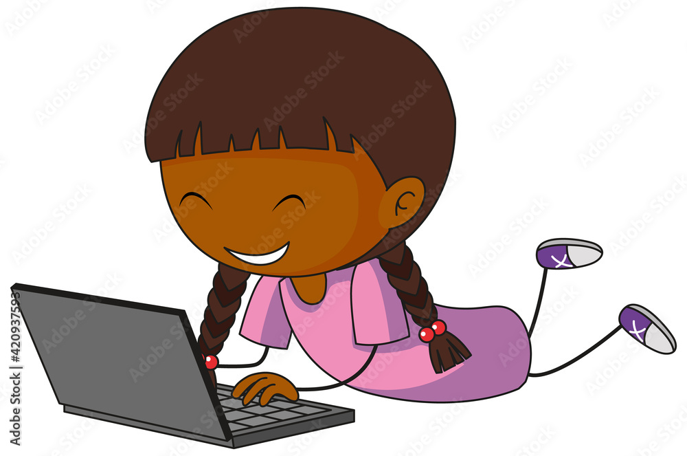 A doodle kid using laptop cartoon character isolated A doodle kid using laptop cartoon character isolated
