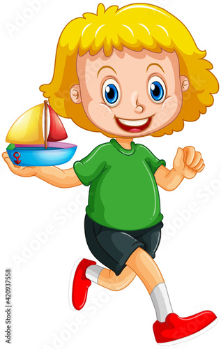 Happy girl cartoon character holding a toy ship