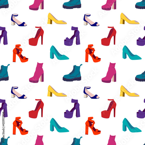 Seamless pattern with women's shoes.Fashion High-heeled Shoes, Boots, Sandals. Flat vector illustration