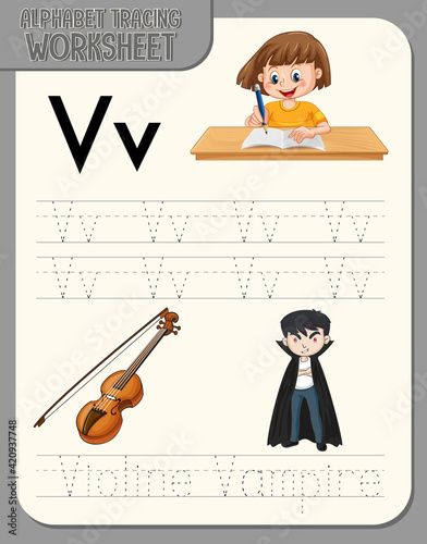 Alphabet tracing worksheet with letter V and v
