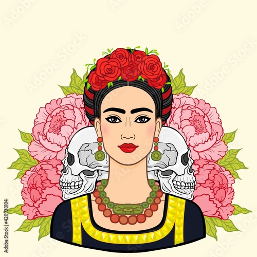 Portrait of the beautiful Mexican woman in  ancient  clothes, human skulls, a background - the stylized roses. Boho chic, ethnic, vintage. Vector illustration isolated. Print, poster, t-shirt, card.