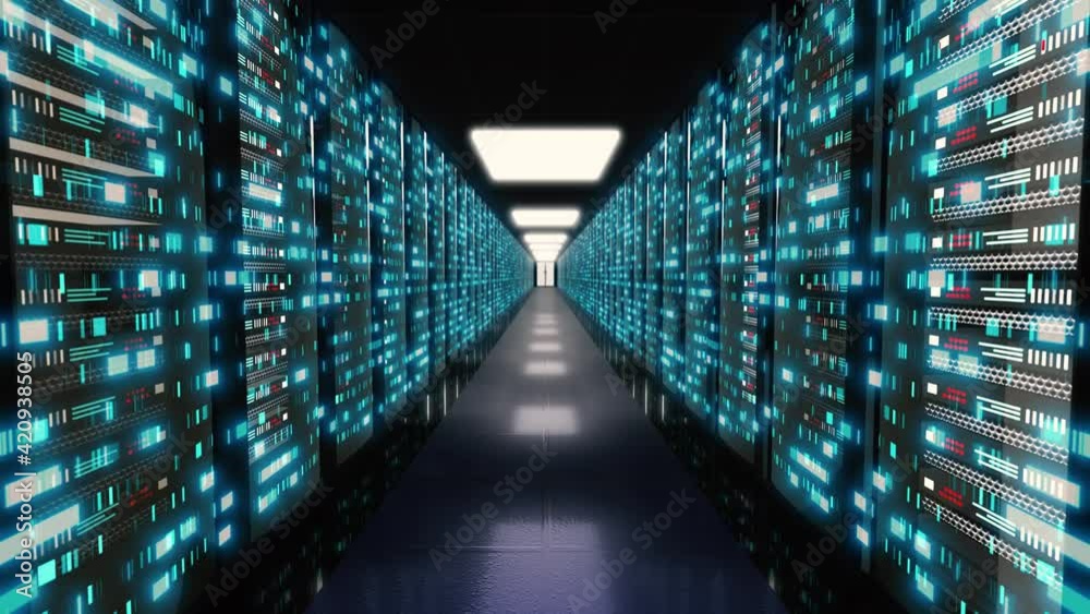 Server room with servers behind glass panels in data center or ISP. Big data storage. Virtual hi tech animation. Concept of data transmission, computer communication, digital information travels.