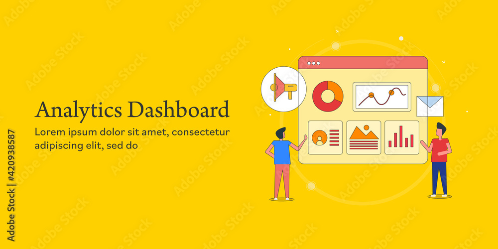 Web analytics dashboard, abstract template with yellow background. Business data analytics, marketing metrics, big data technology, kpi measure tool and software application. 